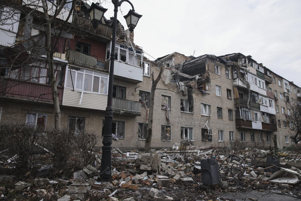 A view of the town of Bakhmut, the site of the heaviest battles with the Russian troops, Donetsk region, Ukraine, Monday, Feb. 27, 2023. (AP Photo/Yevhen Titov)