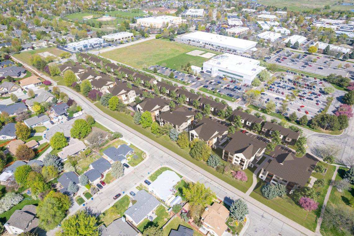 Apartments would fill the southern half of the site, while town houses would take the northern portion, as shown in this aerial rendering. Hobble Creek Park and the West Boise YMCA can be see at top left.