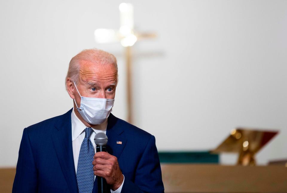 Jacob Blake “talked about how nothing was going to defeat him, how whether he walked again or not, he wasn’t going to give up,” Democratic presidential candidate Joe Biden says at Grace Lutheran Church in Kenosha, Wis., on Sept. 3.