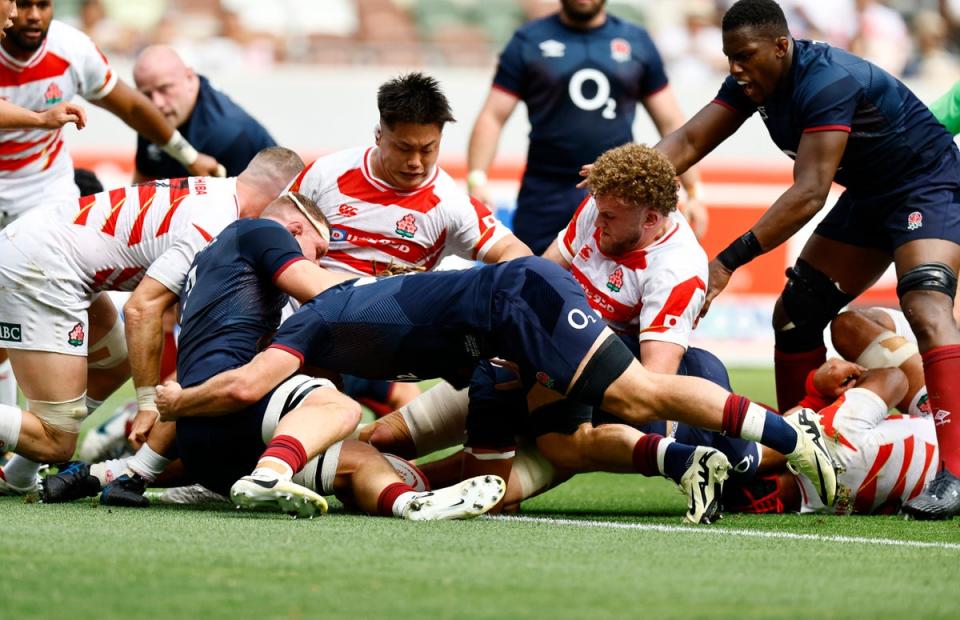 First try: Chandler Cunningham-South marked his maiden England start with an early score (REUTERS)