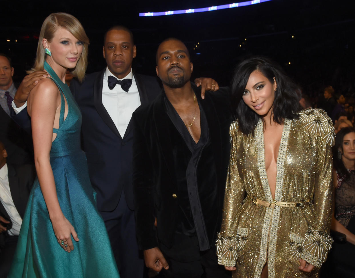 Recording Artists Taylor Swift, Jay Z and Kanye West and tv personality Kim Kardashian attend The 57th Annual GRAMMY Awards at the STAPLES Center on February 8, 2015 in Los Angeles, California. / Credit: Larry Busacca/Getty Images for NARAS