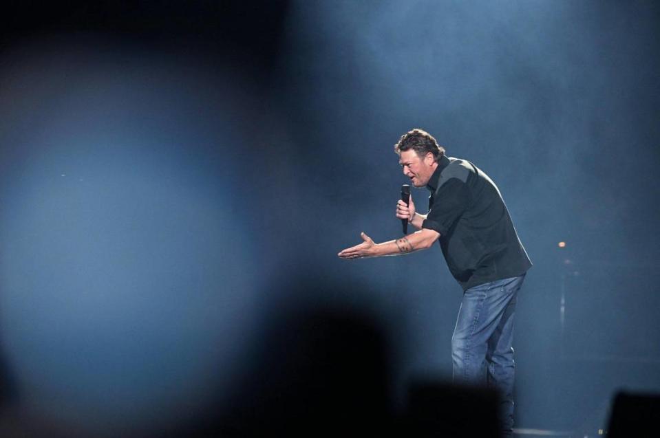 Blake Shelton sings to the audience at the Save Mart Center Thursday night, March 21, 2024 in Fresno.