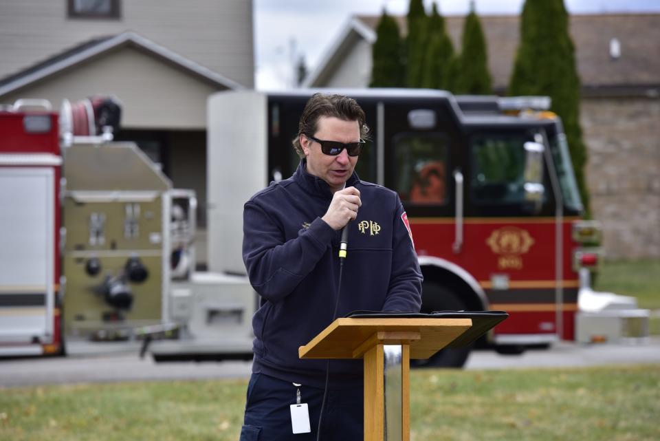Port Huron Fire Chief Corey Nicholson delivers a few remarks during the groundbreaking ceremony at the future site of the new Port Huron Fire Department Central Station at the 1400 block of 10th St., in Port Huron, on Thursday, Dec. 8, 2022.