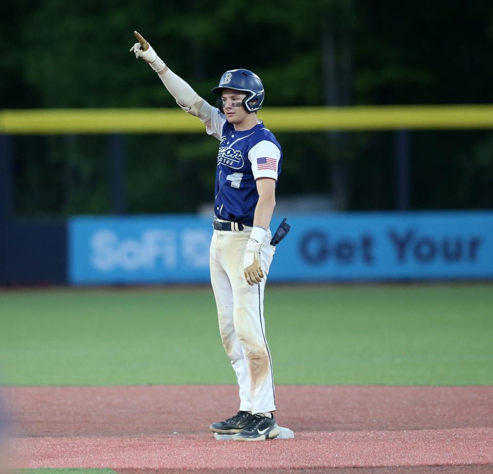 Beacon's Liam Murphy, photographed celebrating a double during a May 2023 baseball game, drove in a run for the Bulldogs in a 5-1 win over Wallkill on Monday.