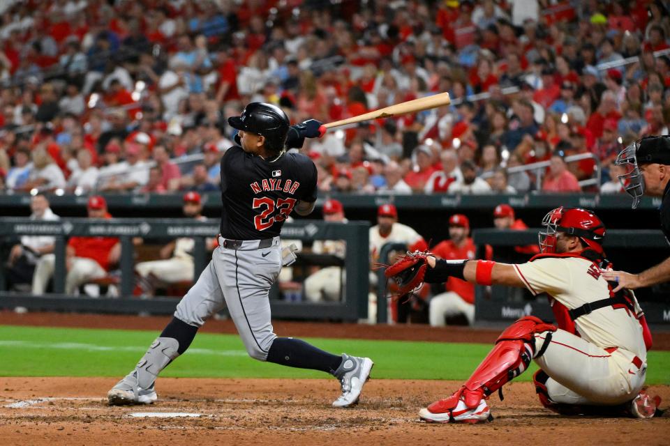 Sep 21, 2024; St. Louis, Missouri, USA; Cleveland Guardians catcher Bo Naylor (23) hits a solo home run against the St. Louis Cardinals during the fifth inning at Busch Stadium. Mandatory Credit: Jeff Curry-Imagn Images