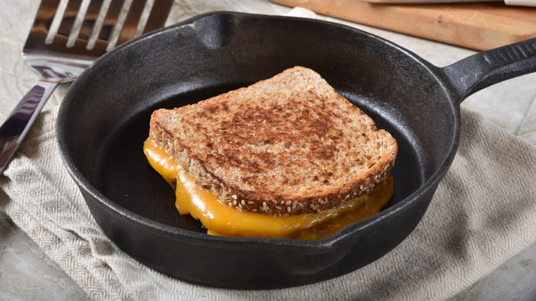 Grilled cheese sandwich in a skillet