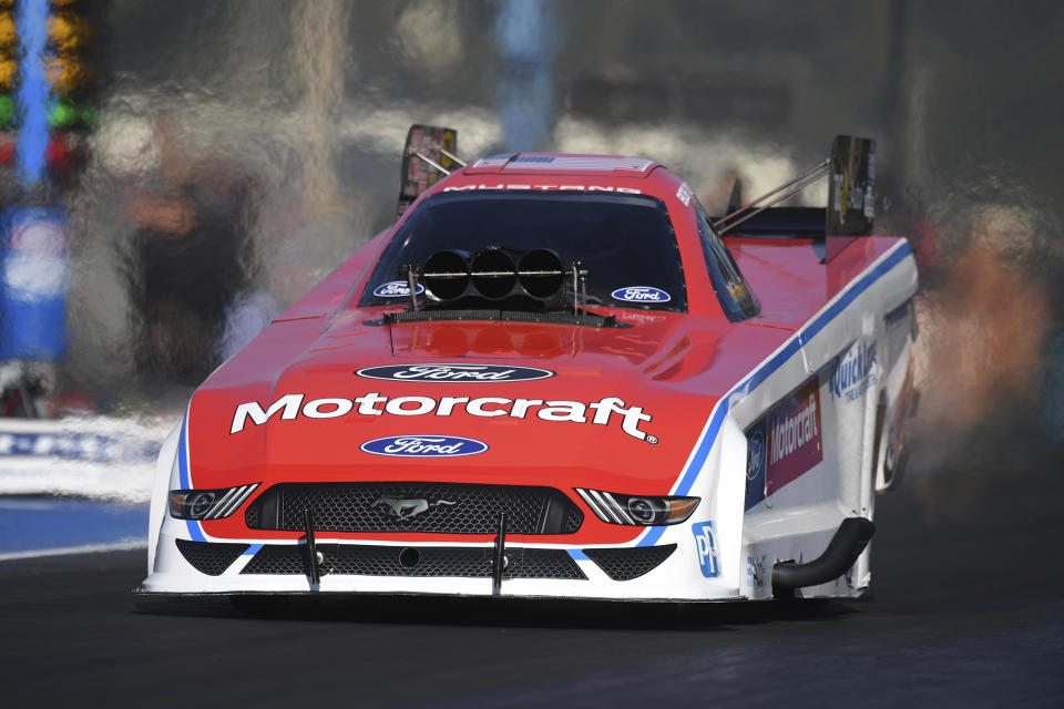 In this photo provided by the NHRA,Bob Tasca III drives in Funny Car qualifying Saturday, July 30, 2022, at the Flav-R-Pac NHRA Northwest Nationals drag races at Pacific Raceways in Kent, Wash. (Marc Gewertz/NHRA via AP)