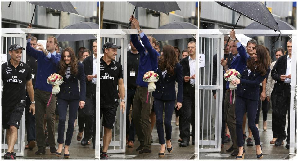 Combination picture showing William holding an umbrella above his wife Catherine and spilling water from the umbrella at Auckland Harbour