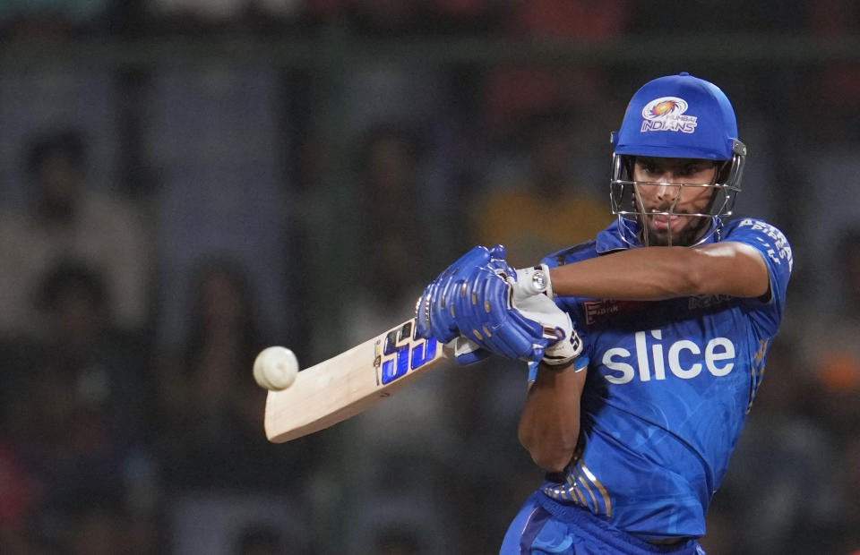 Delhi Capitals' Tilak Varma plays a shot during the Indian Premier League (IPL) match between Delhi Capitals and Mumbai Indians in New Delhi, India, Tuesday, April 11, 2023. (AP Photo/Manish Swarup)