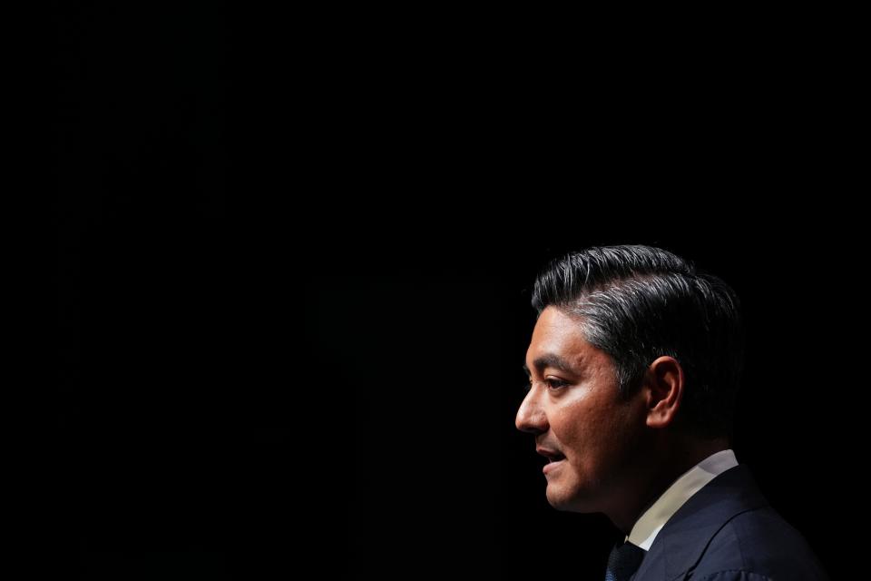 Cincinnati Mayor Aftab Pureval delivers the annual State of the City address, Monday, Nov. 13, 2023, from the Aronoff Center in Downtown Cincinnati.