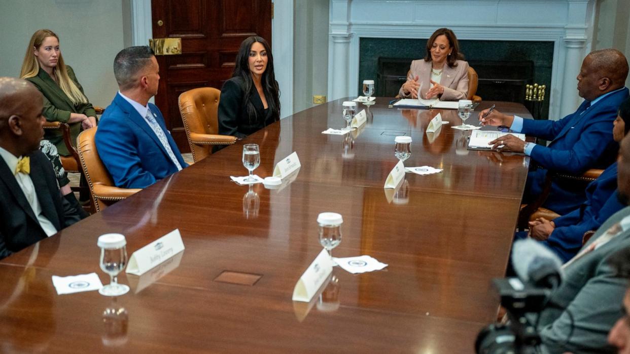 PHOTO: Kim Kardashian attends an event to discuss criminal justice reform with Vice President Kamala Harris at the White House in Washington, Apr. 25, 2024.  (Jim Watson/AFP via Getty Images)