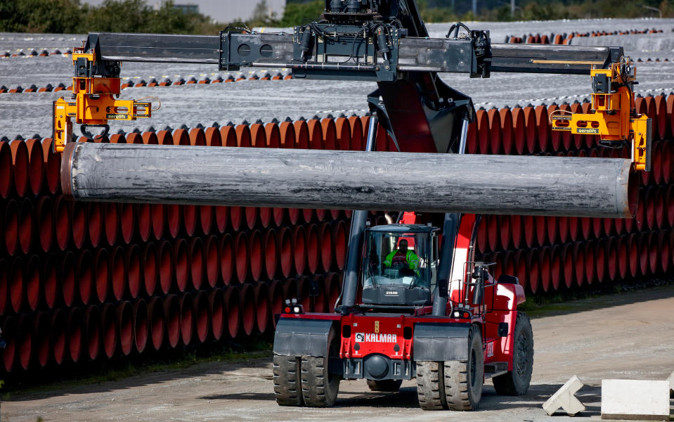 Pipes for the Nord Stream 2 Baltic Sea pipeline are stored on a site in the Mukran port in Sassnitz. Photo: Hannibal Hanschke/Reuters