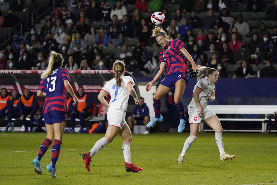 United States' Trinity Rodman (2) heads the ball on goal during the second half of the team's She Believes Cup soccer match against the Czech Republic on Thursday, Feb. 17, 2022, in Carson, Calif. (AP Photo/Marcio Jose Sanchez)