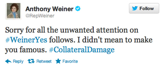 And in what is possibly the most epic Twitter fail to date, former Representative Anthony Weiner tried to atone when he sent a link to a sexually suggestive photograph of himself via his public Twitter account.