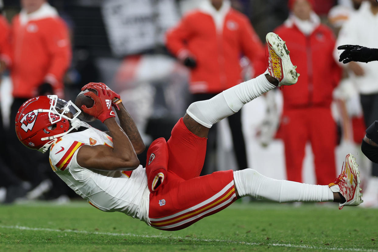 BALTIMORE, MARYLAND - JANUARY 28: Marquez Valdes-Scantling #11 of the Kansas City Chiefs makes a catch against the Baltimore Ravens during the fourth quarter of the AFC Championship Game at M&T Bank Stadium on January 28, 2024 in Baltimore, Maryland. (Photo by Patrick Smith/Getty Images)