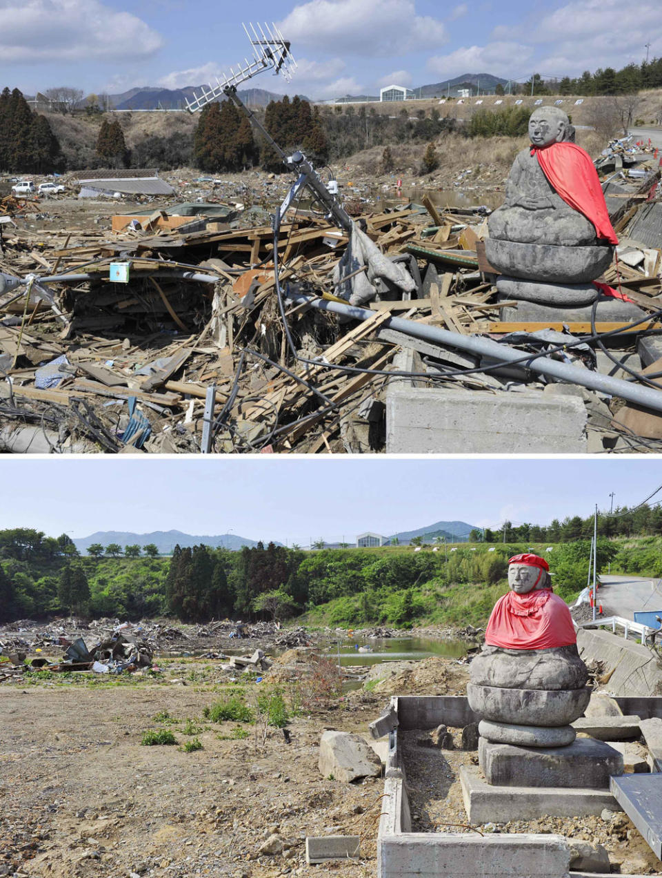 La deidad guardiana de los niños fue testigo de la destrucción y hoy la recuperación tras el paso del tsunami por Ishinomaki, Miyagi.(AP/Kyodo News)