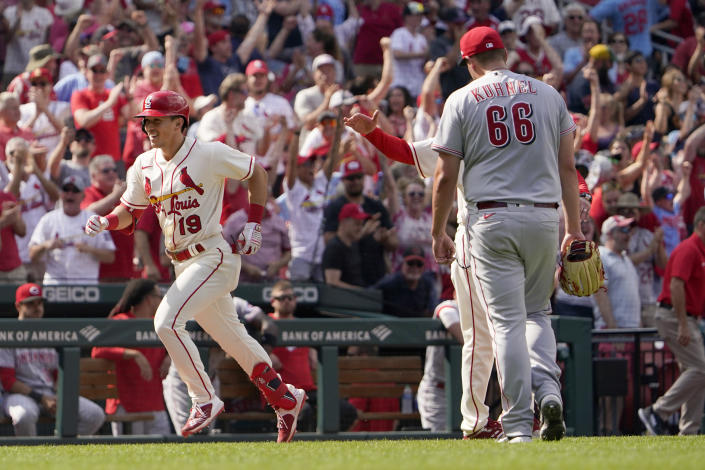 St. Louis Cardinals' Tommy Edman (19) heads home after hitting a walk-off two-run home run off Cincinnati Reds relief pitcher Joel Kuhnel (66) during the ninth inning of a baseball game Saturday, June 11, 2022, in St. Louis. The Cardinals won 5-4. (AP Photo/Jeff Roberson)