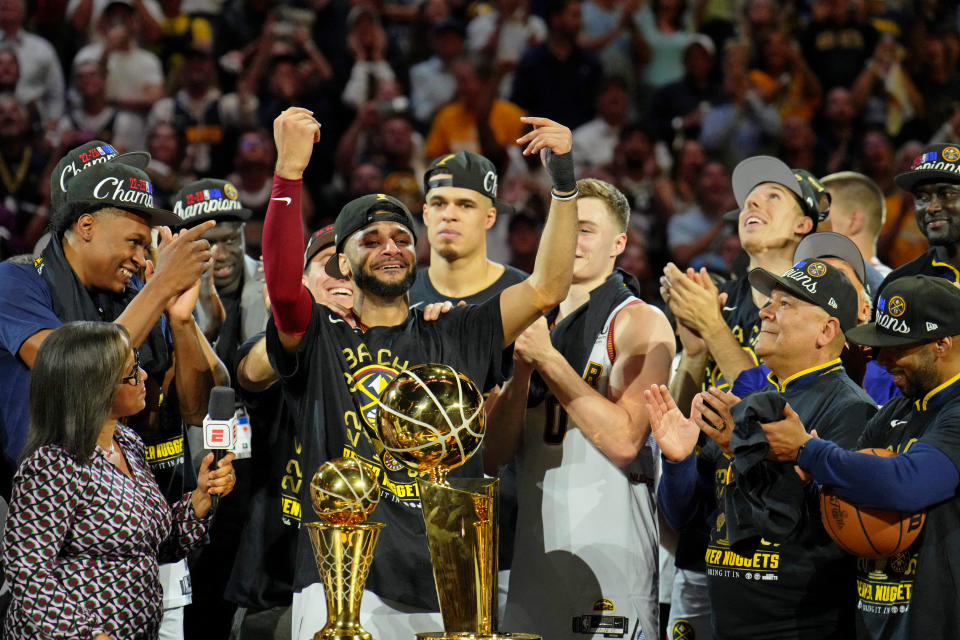 Denver Nuggets guard Jamal Murray celebrates after winning the 2023 NBA Finals on Monday at Ball Arena in Denver. (Kyle Terada/USA TODAY Sports)