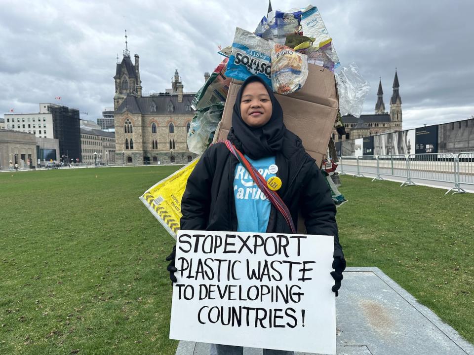 Aeshnina Azzahra, 16, came all the way from Indonesia — where she is an activist trying to clean up plastics from local rivers — to attend a march and rally in Ottawa on April 21, 2024, ahead of plastics treaty negotiations set for later in the week.