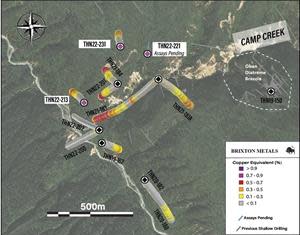 Drill Collar Location Map for the Camp Creek Porphyry with Copper Equivalent Values.