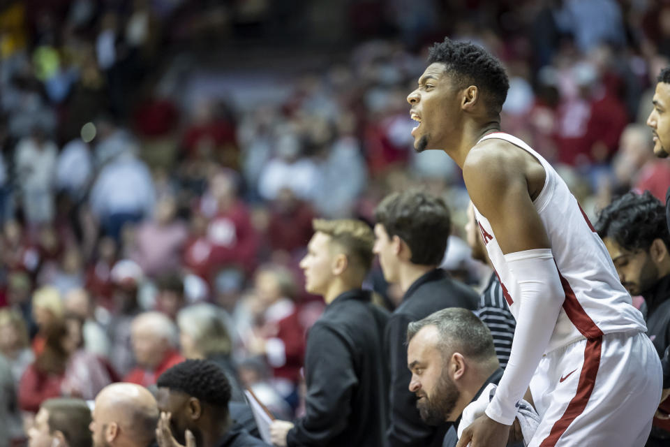 Alabama forward Brandon Miller (24) cheers his team after they topped 100 points against LSU during the second half of an NCAA college basketball game, Saturday, Jan. 14, 2023, in Tuscaloosa, Ala. (AP Photo/Vasha Hunt)