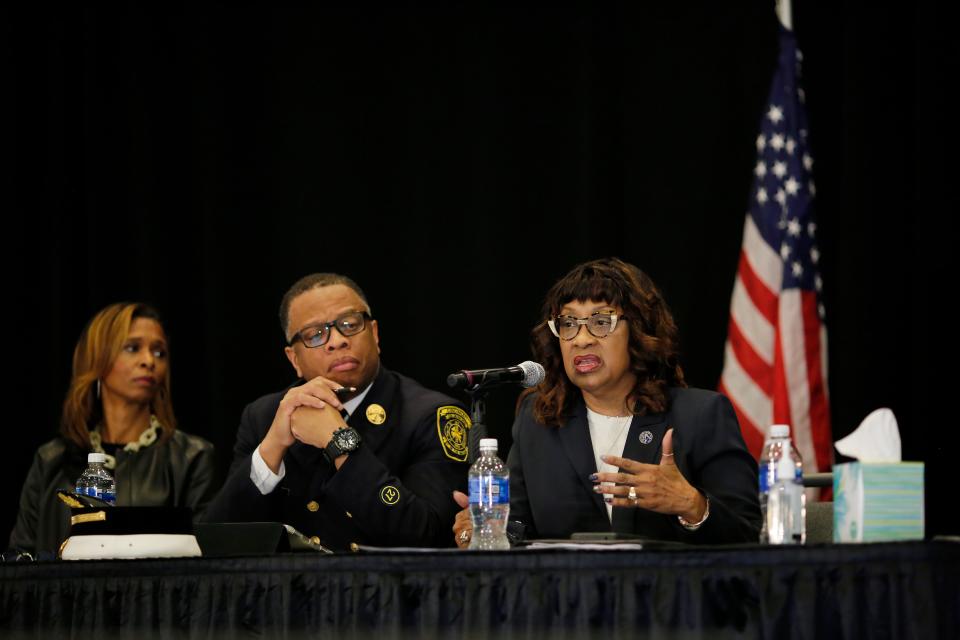 Cincinnati health commissioner Melba Moore answers questions from the crowd during a city summit to give an update on the COVID-19 situation at the Duke Energy Convention Center in downtown Cincinnati on Tuesday, March 10, 2020.
