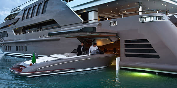 The yacht stores an eight-metre speedboat in a “garage” without having to hoist it out of the water.