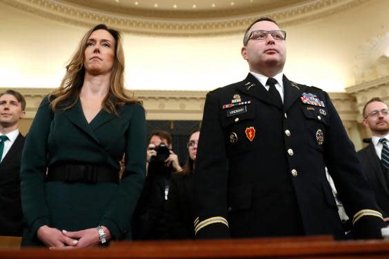 Jennifer Williams and Alexander Vindman prepare to testify at the impeachment hearings into Donald Trump (AP)