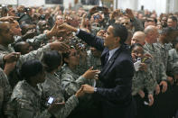 U.S. President Barack Obama greets troops at Camp Victory in Baghdad, April 7, 2009. REUTERS/Jim Young