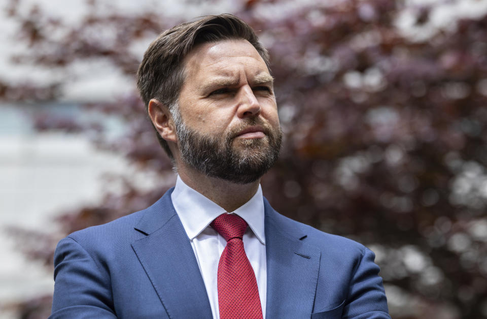 FILE - Sen. J.D. Vance, R-Ohio, speaks at a press conference, May 13, 2024, in New York. In some cases, Donald Trump's potential vice presidential contenders have had to abandon long-held policy positions and recant vehement criticism. In a 2016 interview, Vance called himself "a Never Trump guy" and said of the soon-to-be-president, "I never liked him." (AP Photo/Stefan Jeremiah, File)