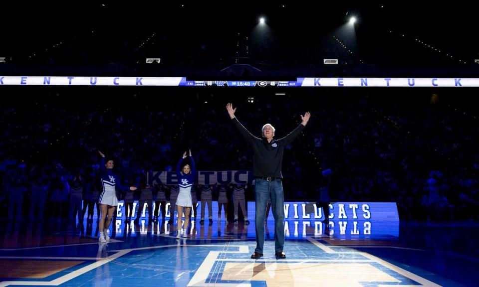 Jim Master was the “Y” during Kentucky’s 105-96 win over Georgia last weekend. Master scored 1,283 points as a Wildcat and helped lead the team to a Final Four appearance in 1984. Chet White/UK Athletics