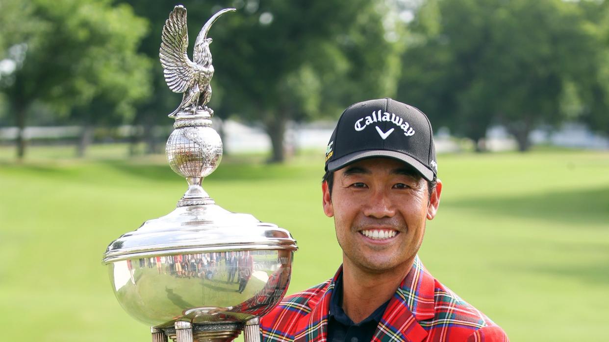 Mandatory Credit: Photo by Richard W Rodriguez/AP/Shutterstock (10248986z)Kevin Na holds the Leonard Trophy after winning the Charles Schwab Challenge golf tournament, in Fort Worth, TexasColonial Golf, Fort Worth, USA - 26 May 2019.