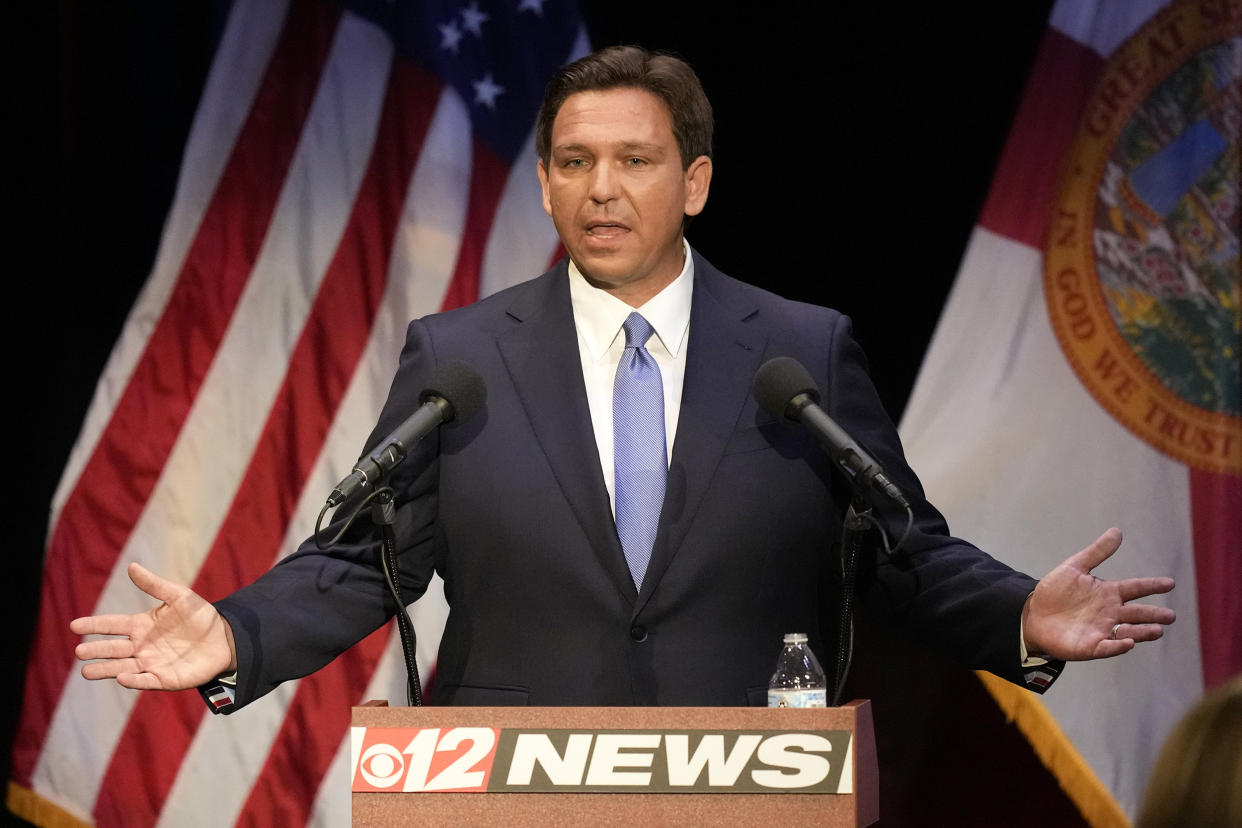 Florida's Republican Gov. Ron DeSantis speaks during a televised debate against Democratic opponent Charlie Crist, at Sunrise Theatre in Fort Pierce, Fla., Monday, Oct. 24, 2022. (Rebecca Blackwell / AP)