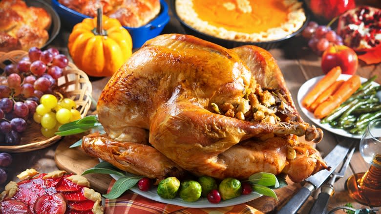 Table full of Thanksgiving foods