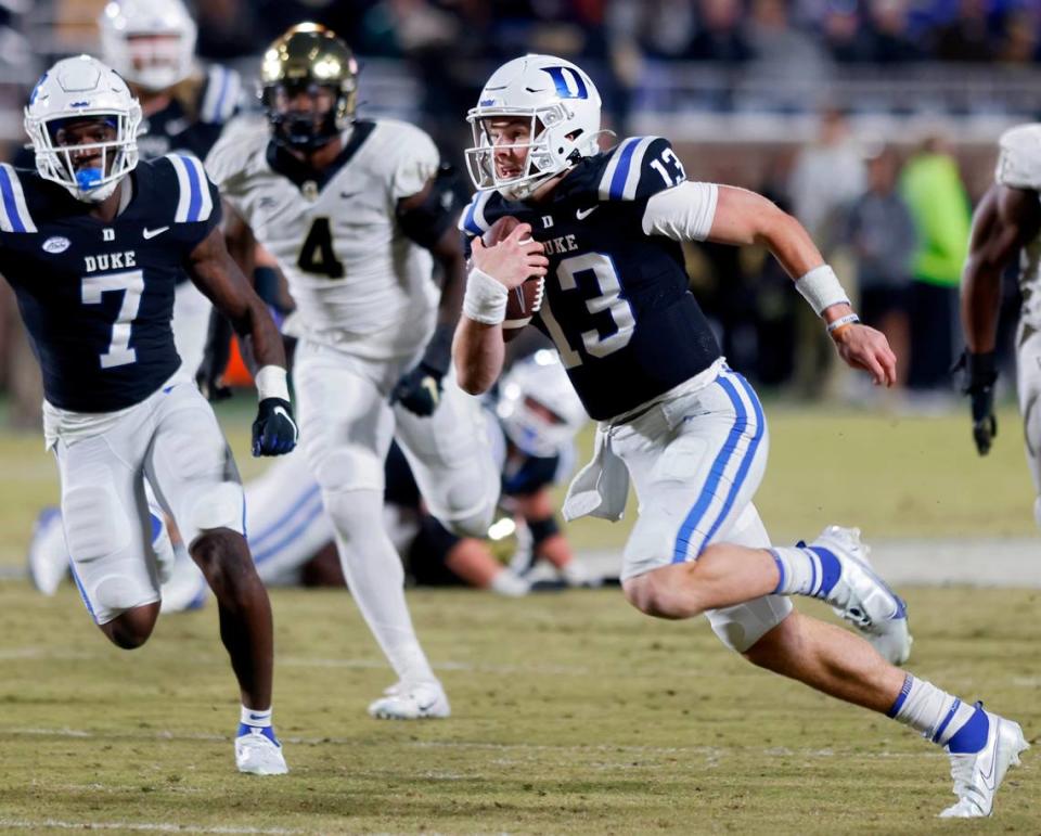 Duke quarterback Riley Leonard runs the ball during the second half of the Blue Devils’ final regular season game against Wake Forest at Wallace Wade Stadium on Saturday, Nov. 26, 2022, in Durham, N.C.