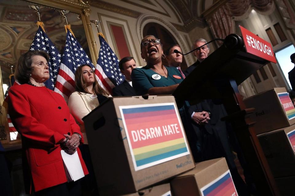 In the wake of the Pulse shooting in Orlando, Florida, the Rev Sharon Risher, daughter of Ethel Lance, and cousin to Susie Jackson and Tywanza Sanders, speaks at a press conference held by Democratic senators calling for action on gun violence on 16 June, 2016 (Getty Images)