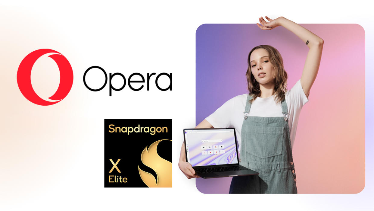  Opera browser with Qualcomm Snapdragon X Elite logo. 