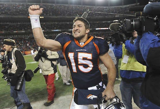 Denver quarterback Tim Tebow (15) celebrates after leading the Broncos past the Pittsburgh Steelers, 29-23, in overtime of the 2011 season playoffs.