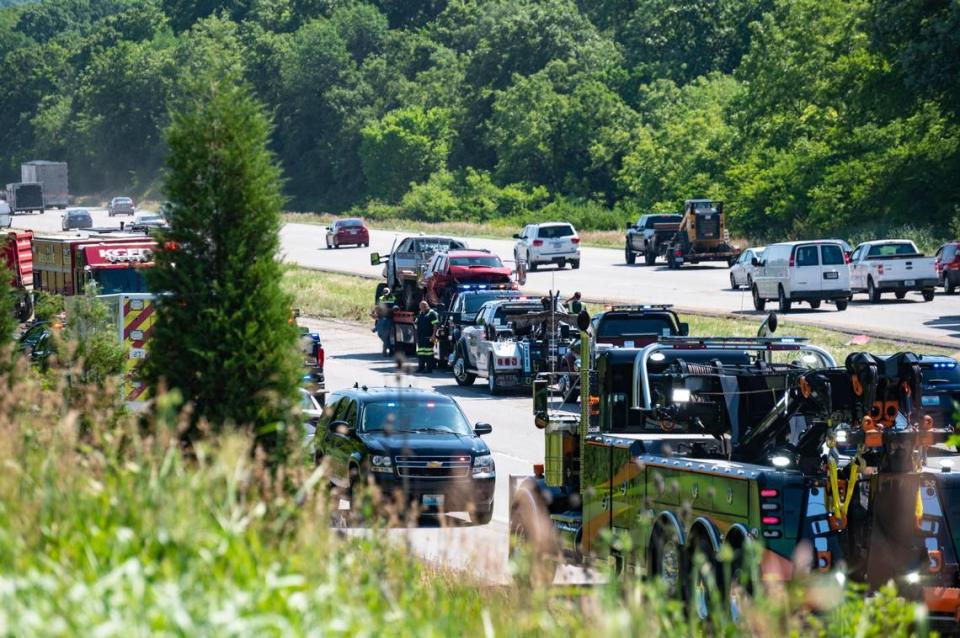 Crews work to clear the wreckage on southbound Interstate 435 in Kansas City after a crash about 8:30 a.m. Tuesday.