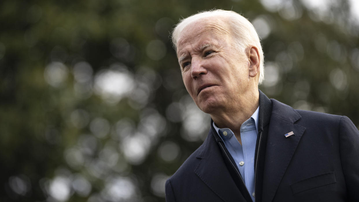 President Biden speaks to reporters as he walks to Marine One on the South Lawn of the White House.