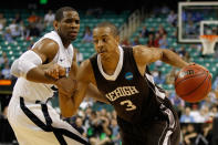 GREENSBORO, NC - MARCH 18: C.J. McCollum #3 of the Lehigh Mountain Hawks drives on Tu Holloway #52 of the Xavier Musketeers in the second half during the third round of the 2012 NCAA Men's Basketball Tournament at Greensboro Coliseum on March 18, 2012 in Greensboro, North Carolina. (Photo by Streeter Lecka/Getty Images)