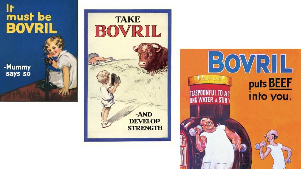 Three painted advertisements for Bovril from the 1930s