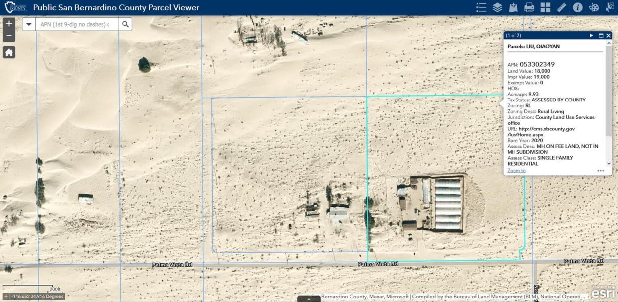 The 46200 block of Palma Vista Road in Newberry Springs, California, is where San Bernardino County prosecutors allege a massive underground facility and yearslong felony conspiracy has been housed for years.