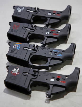 A detailed view of of Spike's Tactical's stripped lower receivers, including "Snowflake" (3rd from top) which depicts a unicorn and a political insult aimed at liberals, at their shop in Apopka, Florida, U.S. December 10, 2018. REUTERS/Gregg Newton