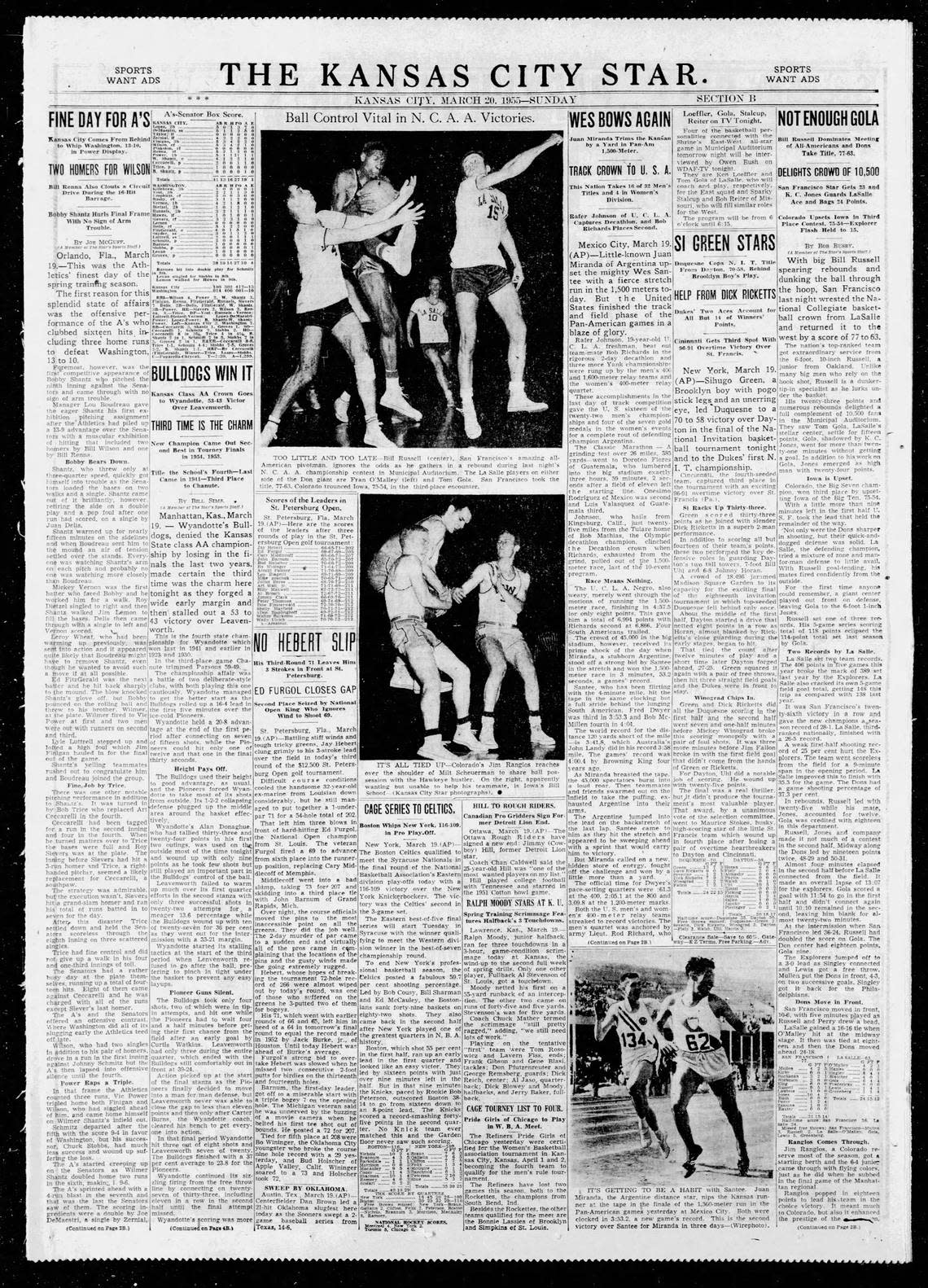 The front page of The Kansas City Star sports section on March 20, 1955, the day after Bill Russell’s San Francisco team beat La Salle for the NCAA men’s basketball championship at Municipal Auditorium.