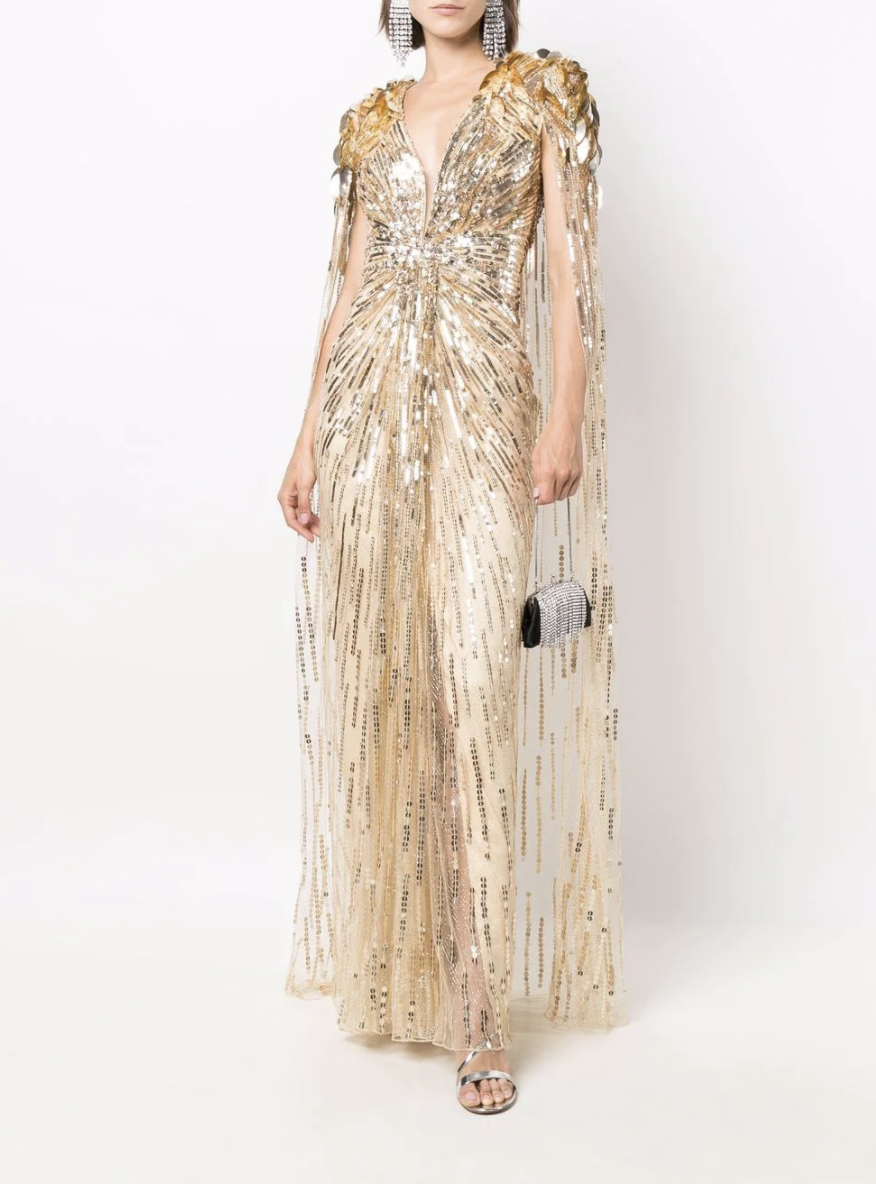 The Goldfinger sequinned cape dress by Jenny Packham is now available to buy. (Farfetch)