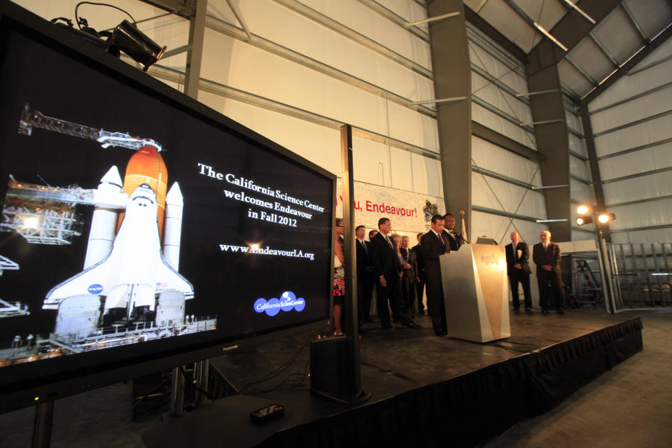 Los Angeles Mayor Antonio Villaraigosa talks at a news conference inside the temporary home of the Endeavour Space Shuttle at the California Science Center in Los Angeles on Wednesday Aug. 8,2012. California Science Center officials say the space shuttle Endeavour is tentatively scheduled to arrive at LAX on Sept. 20,2012 and will remain at the airport until Oct. 13,2012 when it will be transported through city streets to science center in Exposition Park. It is scheduled to open to the public on Oct. 30. (AP Photo/Richard Vogel)