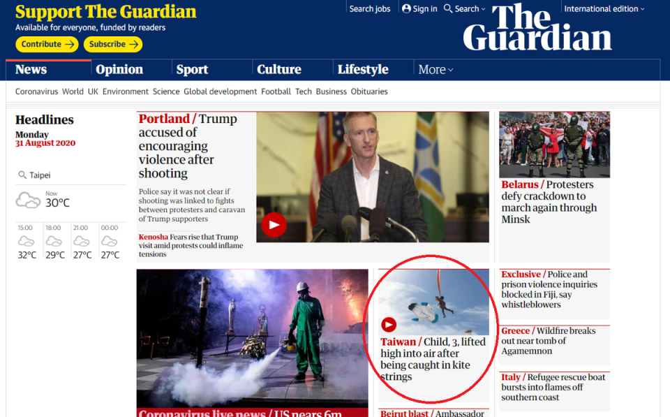 英國《衛報》將風箏意外放在新聞首頁。（翻攝自《衛報》網站）