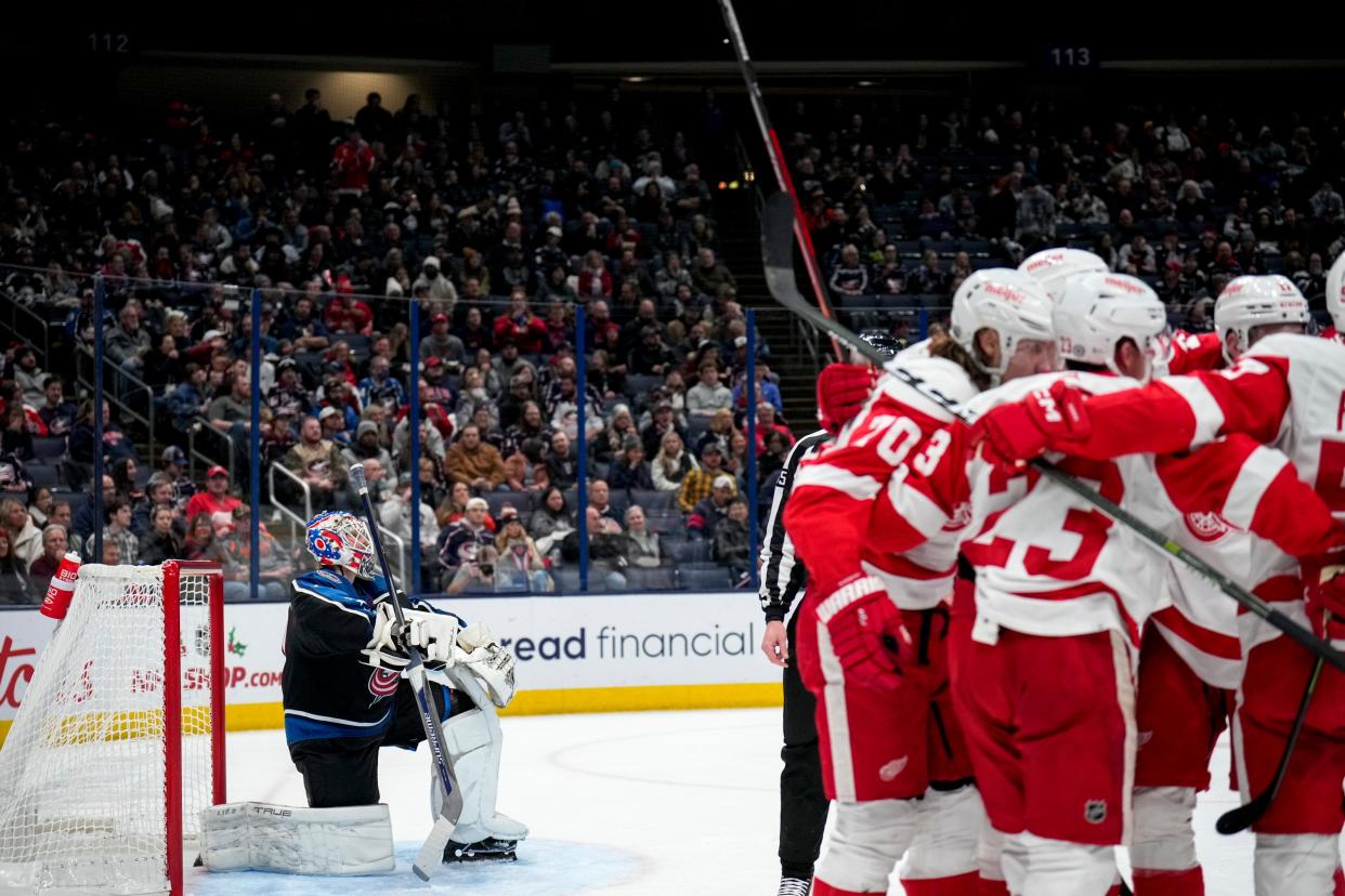 Dec 4, 2022; Columbus, Ohio, United States;  Columbus Blue Jackets goaltender Joonas Korpisalo (70) kneels by the goal after letting the Detroit Red Wings score during the second period of the NHL hockey game between the Columbus Blue Jackets and the Detroit Red Wings at Nationwide Arena on Sunday night. Mandatory Credit: Joseph Scheller-The Columbus Dispatch