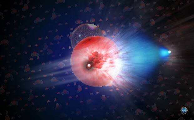 A neutrino, having interacted with a molecule of ice, produces a secondary particle — a muon — that moves at relativistic speed in the ice, leaving a trace of blue light behind it. (Nicolle R. Fuller/NSF/IceCube - image credit)